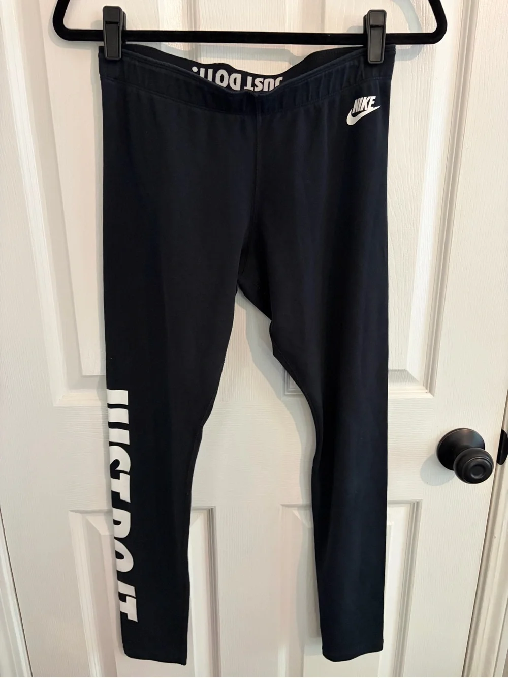 Nike Black Running Leggings with White 'Just Do It' Side Logo - Size M
